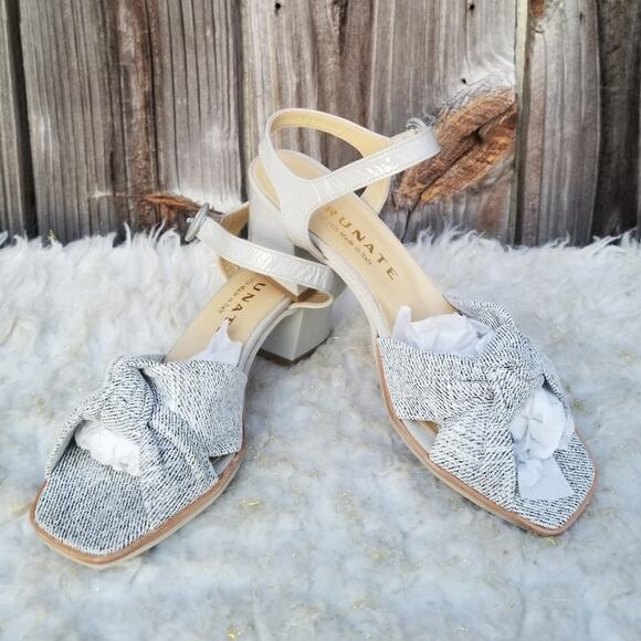 Square Toe Dress Sandal Gray Leather Knot Detail Brunate Size EU 38.5 Buckle EUC - Picture 1 of 14